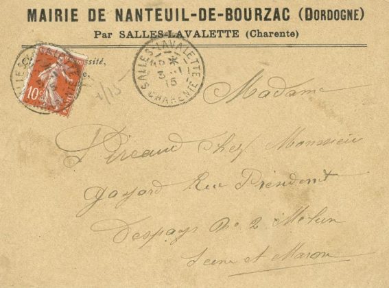 Briefumschlag adressiert an Paul Pireaud während seiner Stationierung in Melun, Anfang 1915
