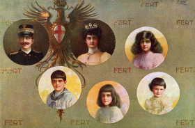 Eine Postkarte der königlichen Familie Italiens: oben links König Viktor Emanuel III., der von 1900 bis 1946 regiert