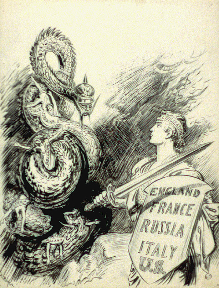 Eine alliierte Karikatur aus der Zeit nach 1917. Eine Frau mit einem Schild kämpft gegen ein Monster mit Pickelhaube
